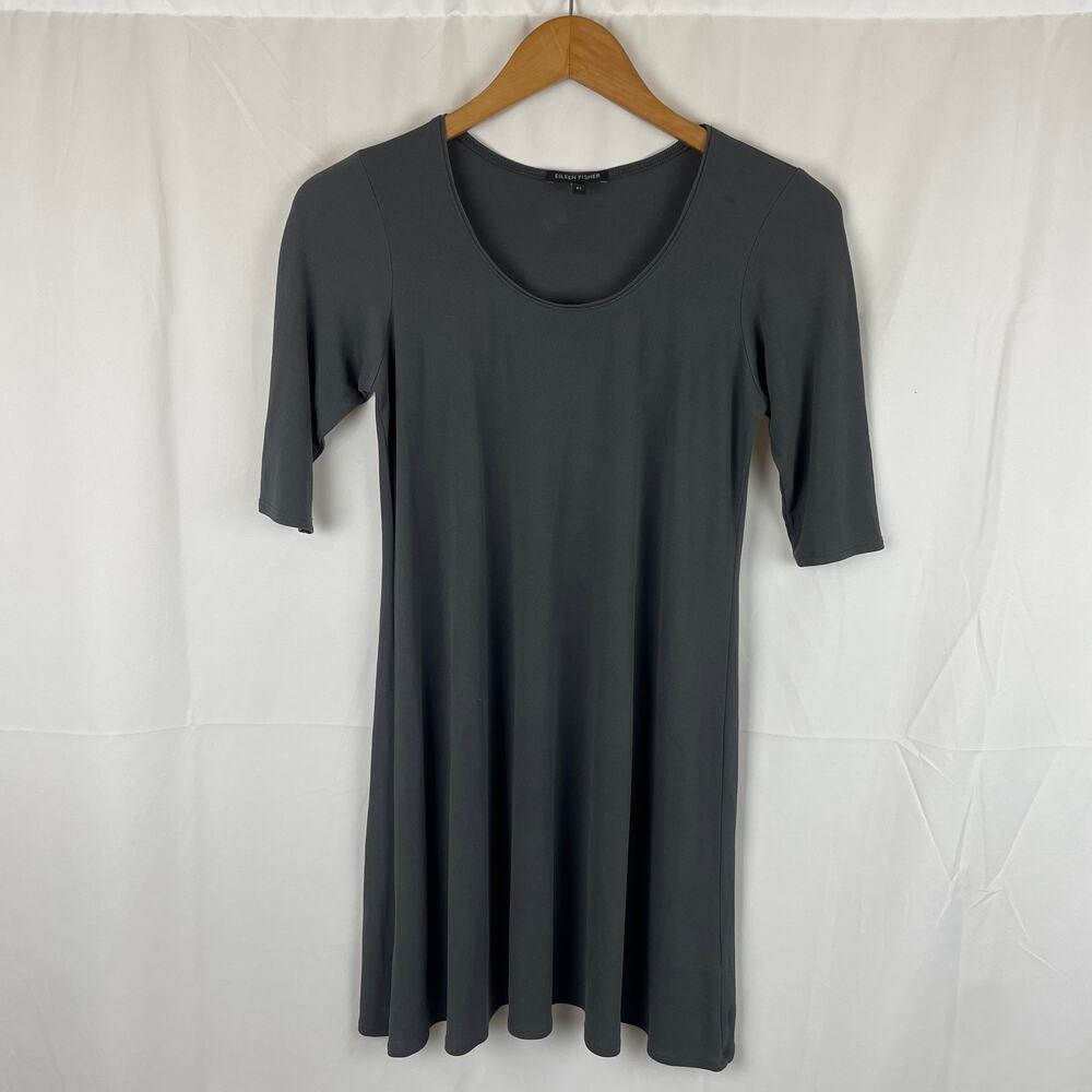 Eileen Fisher 100% Silk Charcoal Gray Short Sleeve Tunic Dress F0GK-1 Size XS